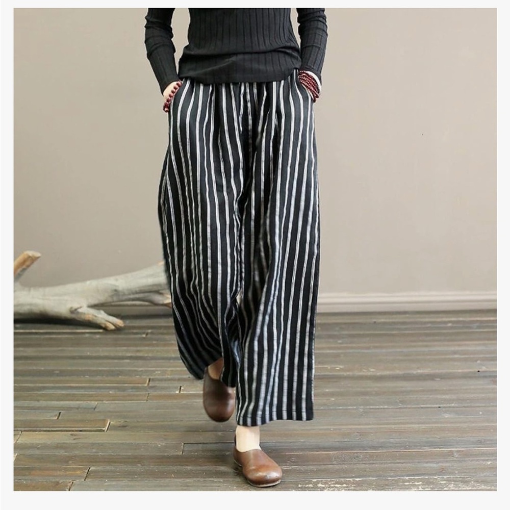 Striped Black and White Wide-Leg Pants